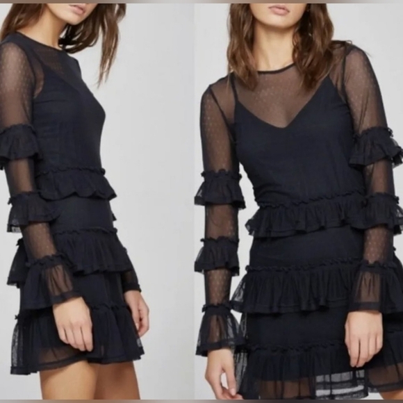 The Fifth Label Dark Blue Navy Elegant Trsnparency Black Ruffle Dress - Picture 2 of 7